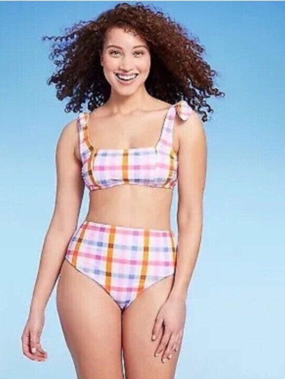 Kona Sol Women's Bikini Top and Bottom Plaid Medium Coverage High Waist M - Picture 1 of 9